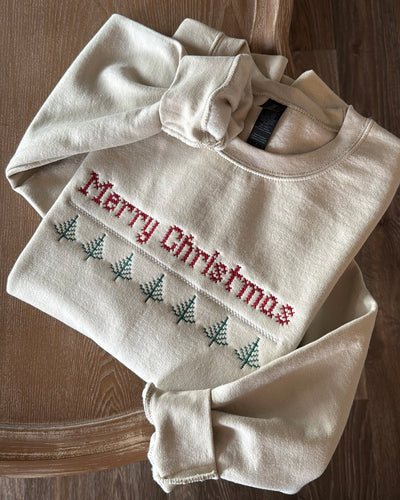 cross stitch inspired merry christmas sweatshirt